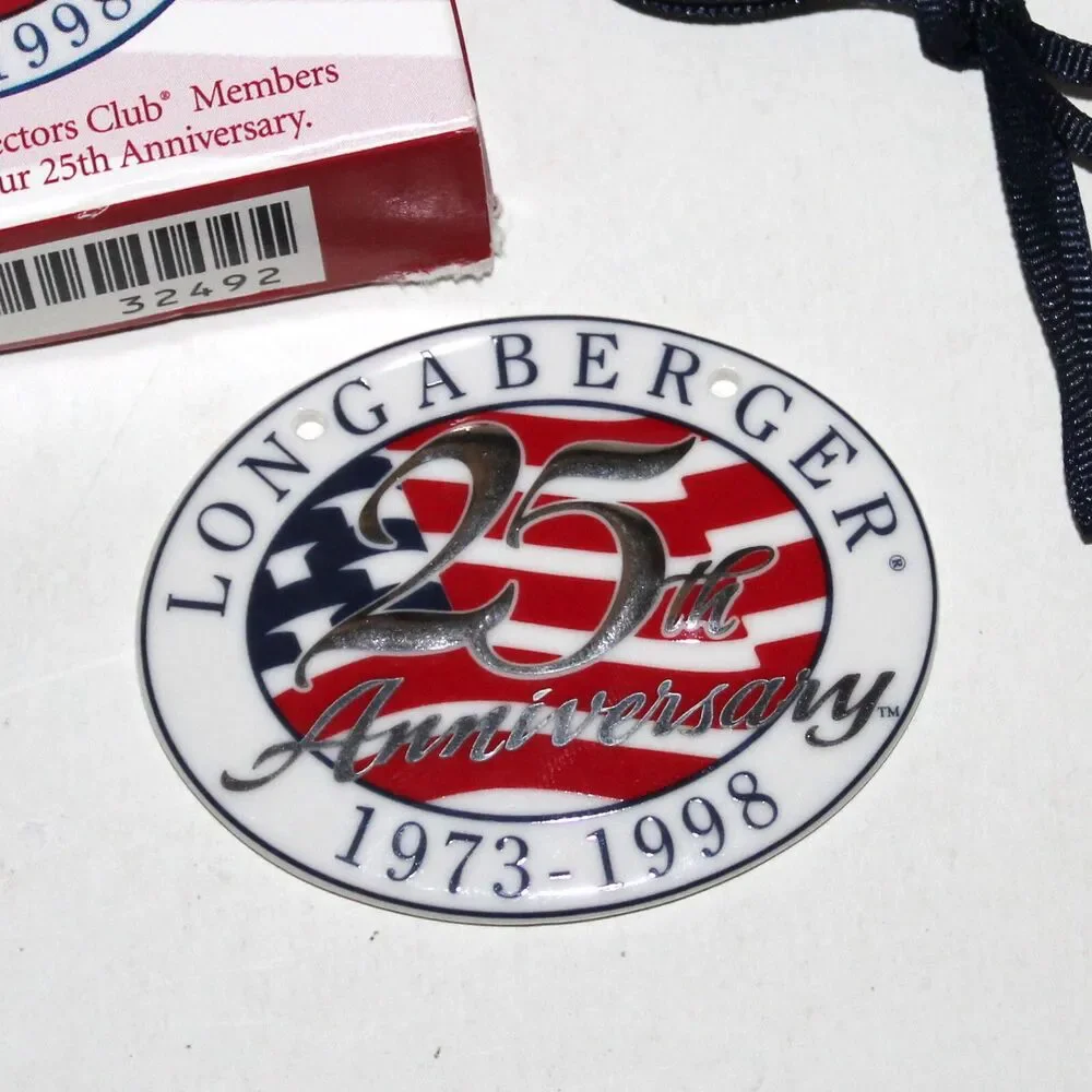 Longaberger 25th Anniversary Collectors Club Ceramic Tag tie on 1998 US Flag